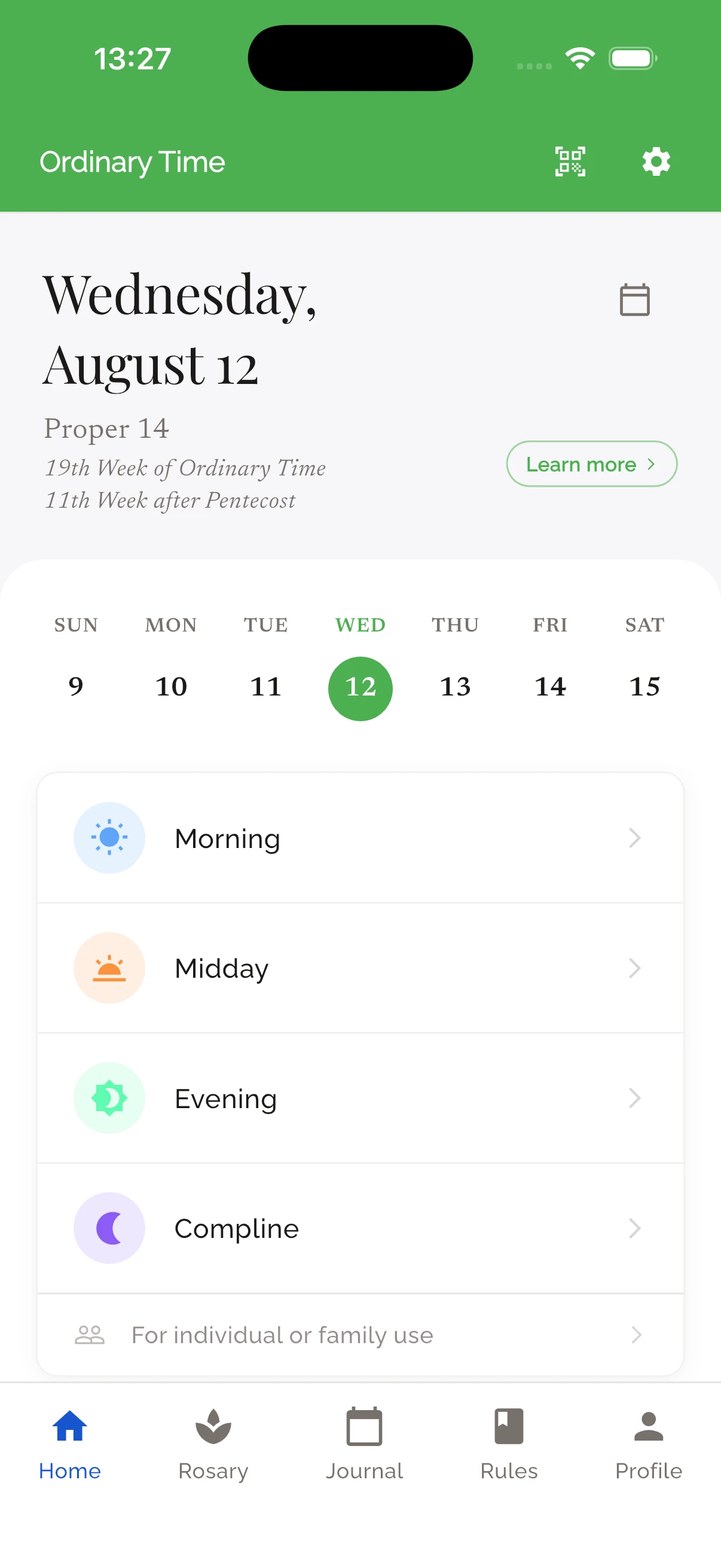 Home screen with the liturgical day and offices